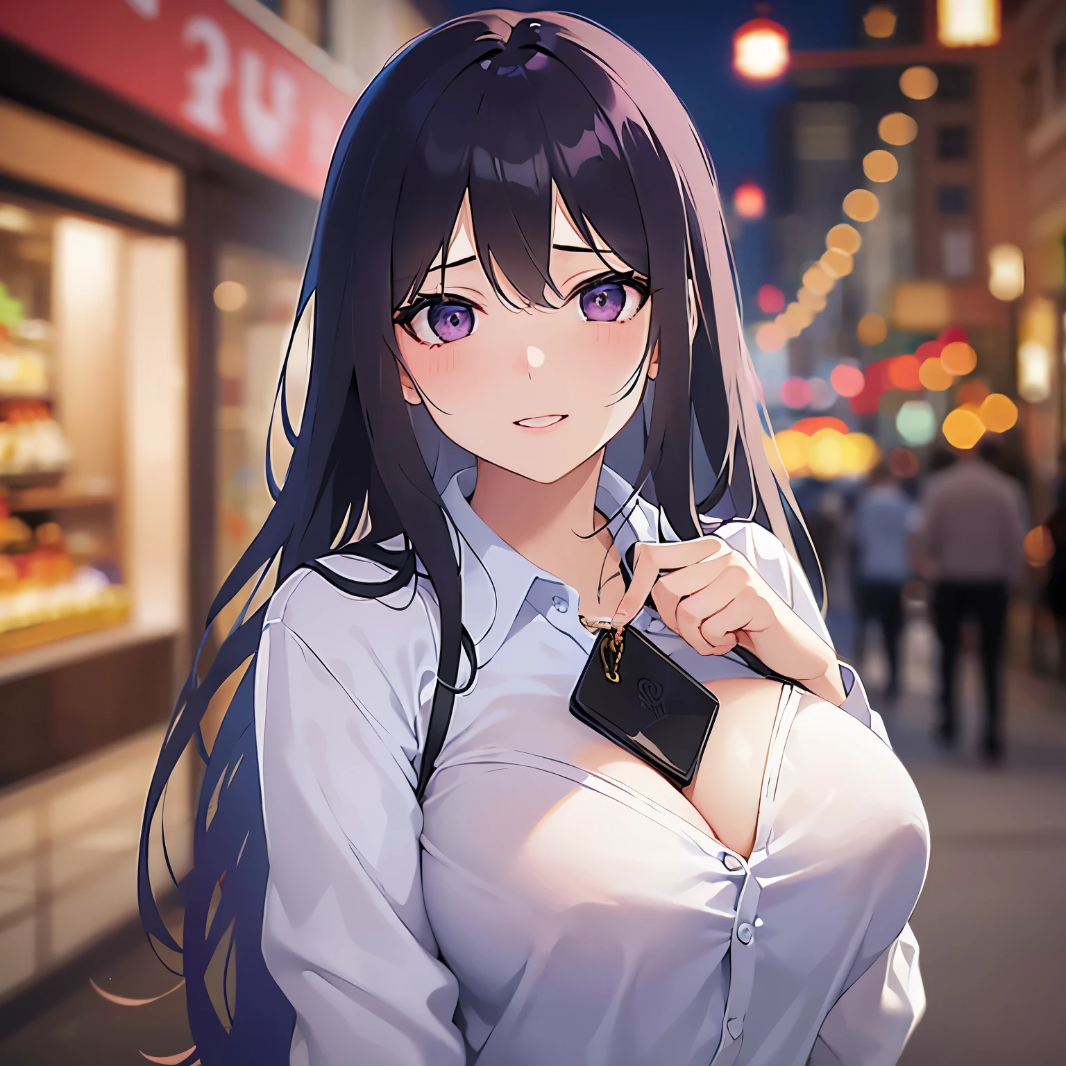 hand on own chest、 cleavage、Upper Body, Realistic, real person, (pale skin: 1.2), RAW photo, photorealistic, shiny skin, shiny hair、(A 25-year-old woman with straight hair and bangs) and (medium hair) and (black hair) and (purple eyes) , white collared shirt、smile, (blush:1.3), The background is a shopping street at night、Alone、Are standing