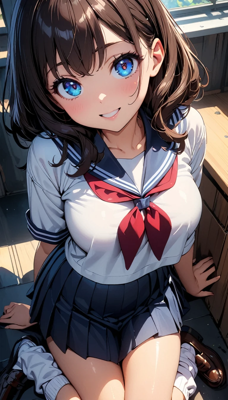 (Highest quality:1.24K, 8k, Studio Anime, Very detailed, Latest, Vibrant, High detail, High Contrast, masterpiece:1.2, Highest quality, Best aesthetics), (((1 Girl))), Sit and pose, ＪＫ, Sailor suit, Pleated skirt, loose socks, loafers, Please open your mouth a little:1.2, smile, Dynamic Angle, look up:1.3, Friendly atmosphere, Beautiful Hair, Shiny Hair, Beautiful Skin, Detailed face and eyes, Glossy Lips, Curvy Women, Striking contrast,