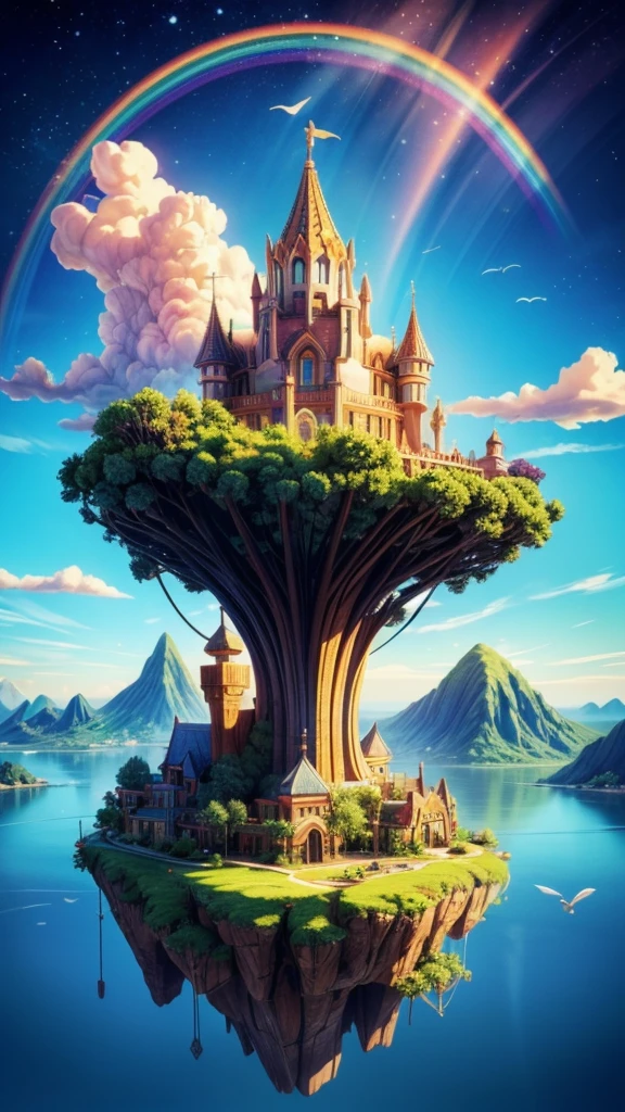 A mysterious floating island in the sky, people flying around, a rainbow bridge connecting the island,
(best quality,4k,8k,highres,masterpiece:1.2),ultra-detailed,(realistic,photorealistic,photo-realistic:1.37),magical floating island,people flying,rainbow bridge,intricate details,vibrant colors,dramatic lighting,cinematic composition,fantasy landscape,surreal atmosphere,ethereal,mystical,whimsical,dreamlike