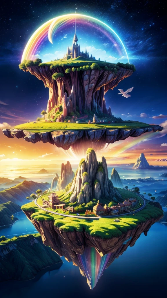 A mysterious floating island in the sky, people flying around, a rainbow bridge connecting the island,
(best quality,4k,8k,highres,masterpiece:1.2),ultra-detailed,(realistic,photorealistic,photo-realistic:1.37),magical floating island,people flying,rainbow bridge,intricate details,vibrant colors,dramatic lighting,cinematic composition,fantasy landscape,surreal atmosphere,ethereal,mystical,whimsical,dreamlike