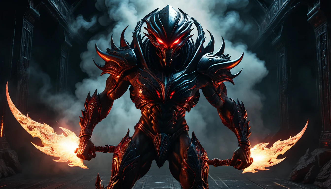 "Realistic 3D rendering of a Colossal Giant ARTUTIAN Alien Warrior and a 3 meter tall muscular bodybuilder with intricate and detailed 8k fusion armor, cinematic gothic atmosphere, ethereal darkness, fine embroidery with dark red accents, translucent and corporeal elements with intensity of fire and ember particles all around, leading a group of smaller aliens invading Earth. This Alien warrior is imposing and powerful, with a radiant effect in conjunction with HDR armor, tortured essence scene, flames. dark and menacing, Everyone is exiting a damaged Space Destroyer, with weapons firing laser, dark fog, front view, bright flames and smoke in the background, frightening atmosphere, reflection of the hellish darkness of Kingshuk RTX.