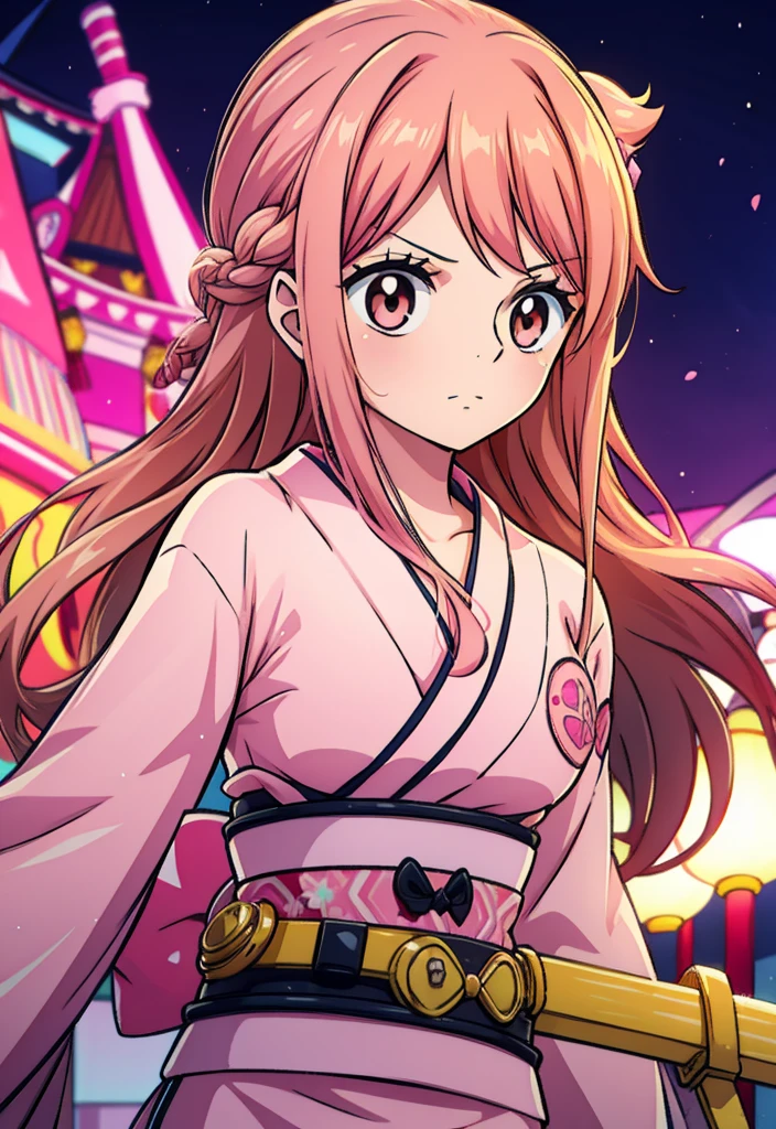 Girl with long brown hair, pink eyes, pink kimono and pink katana