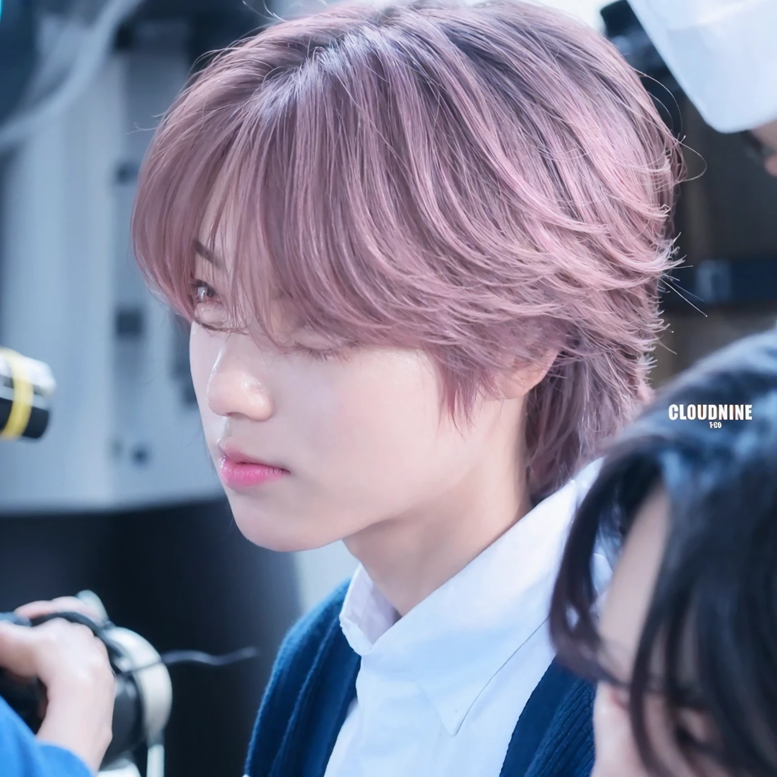 arafed male in a blue sweater and white shirt and a camera, a picture by Kanbun Master, tumblr, digital art, jimin, pink haired yoongi, jimin\'s plump lips, jimin\'s right eyelid swollen, jung jaehyun, jimin\'s grecian nose, kim doyoung, captured on canon eos r 6, park jimin, pink hair