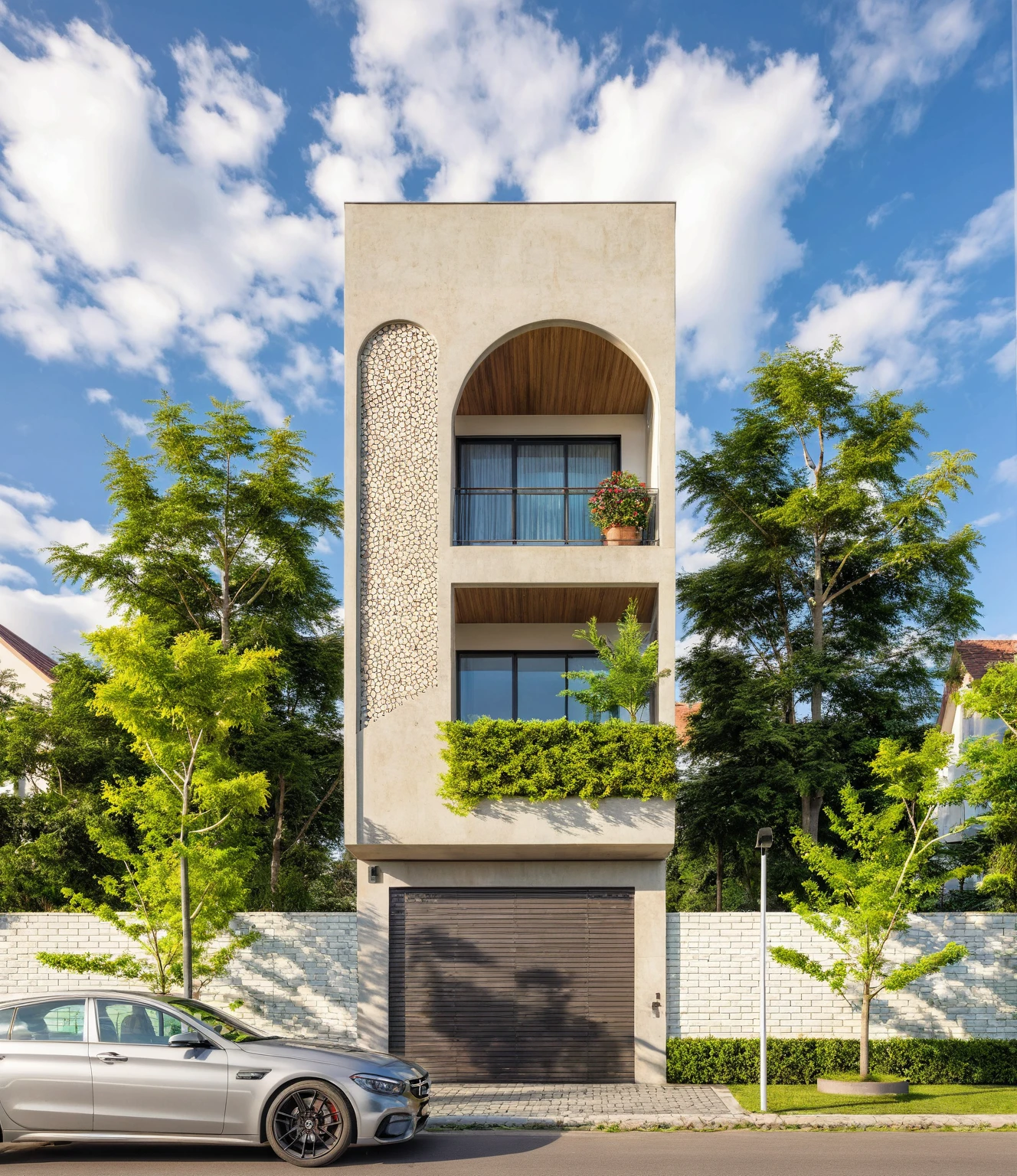 Masterpiece, high quality, best quality, authentic, super detail, outdoors, house style modern,bietthuhn, white wall, glass windows, gate road,pavement, grass, trees,blue sky, cloud, (day:1.1), realistic lighting