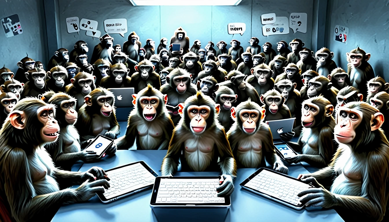 Create an illustration depicting a large group of monkeys using social media to engage in cyberbullying. The scene should show the monkeys with smartphones, tablets, and laptops, furiously typing and posting negative comments. Some monkeys should have angry and malicious expressions, while others laugh or look gleeful. The background should include a chaotic mix of digital screens displaying harmful messages and symbols of social media platforms. The overall atmosphere should convey the destructive and overwhelming nature of online harassment
