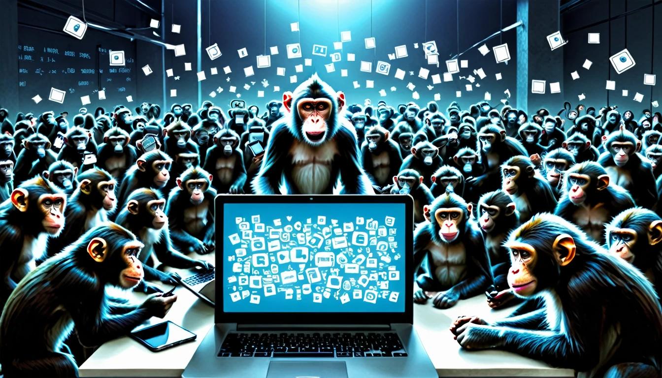 Create an illustration depicting a large group of monkeys using social media to engage in cyberbullying. The scene should show the monkeys with smartphones, tablets, and laptops, furiously typing and posting negative comments. Some monkeys should have angry and malicious expressions, while others laugh or look gleeful. The background should include a chaotic mix of digital screens displaying harmful messages and symbols of social media platforms. The overall atmosphere should convey the destructive and overwhelming nature of online harassment
