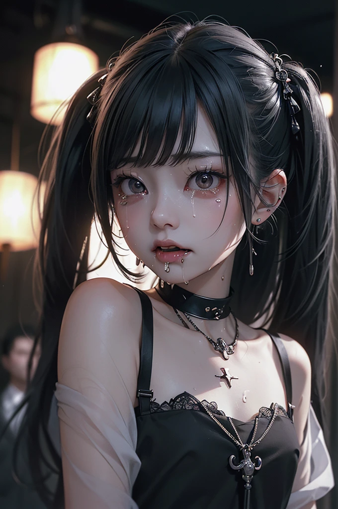 Highest quality, masterpiece, look up, cute,(Horror),(((Beautiful masochist girl))),(((Drooling))),(((Tears flowing))),((Drool flowing from the mouth)),((Covered in semen)),(Sexy),(sexy),((Small breasts)),,(Middle scair,Twin tails,((Masturbation)),(((Blowjob))),Beautiful Style,((Pale skin)),Sensual look,Embarrassed,Sexy表情,Expressions of delight,(Dark atmosphere),(Dark atmosphere,fear),((Dim lighting))