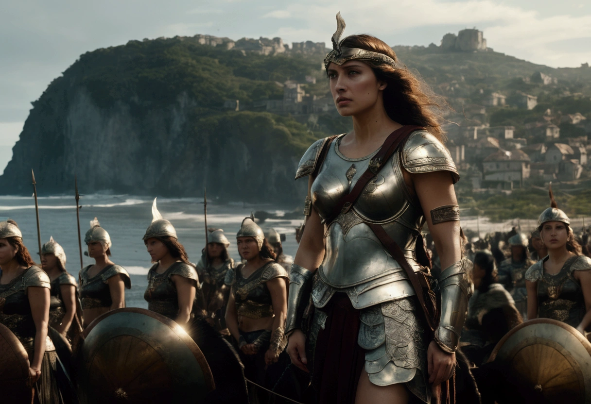 The head of the Amazons standing in full armor. Behind them are about 100 Amazons. A seaside village is visible in the background., wide shot, Ultra-Wide Angle, anatomically correct, textured skin, accurate, masterpiece, UHD, high details, high quality