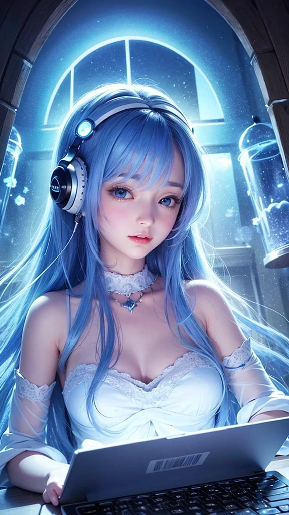 In a magical lab bathed in moonlight, a laptop's glowing screen reveals a serene landscape beyond a large window. Soft blue neons illuminate white flowers by a tablet and PC, hinting at a creative aura. A vocal microphone and headphones add to the enchanting ambiance. This anime-inspired digital painting, winner of a pixiv contest, captivates with its mystical realism and fairy tale allure, drawing viewers into a cozy, imaginative world of creativity and tranquility.