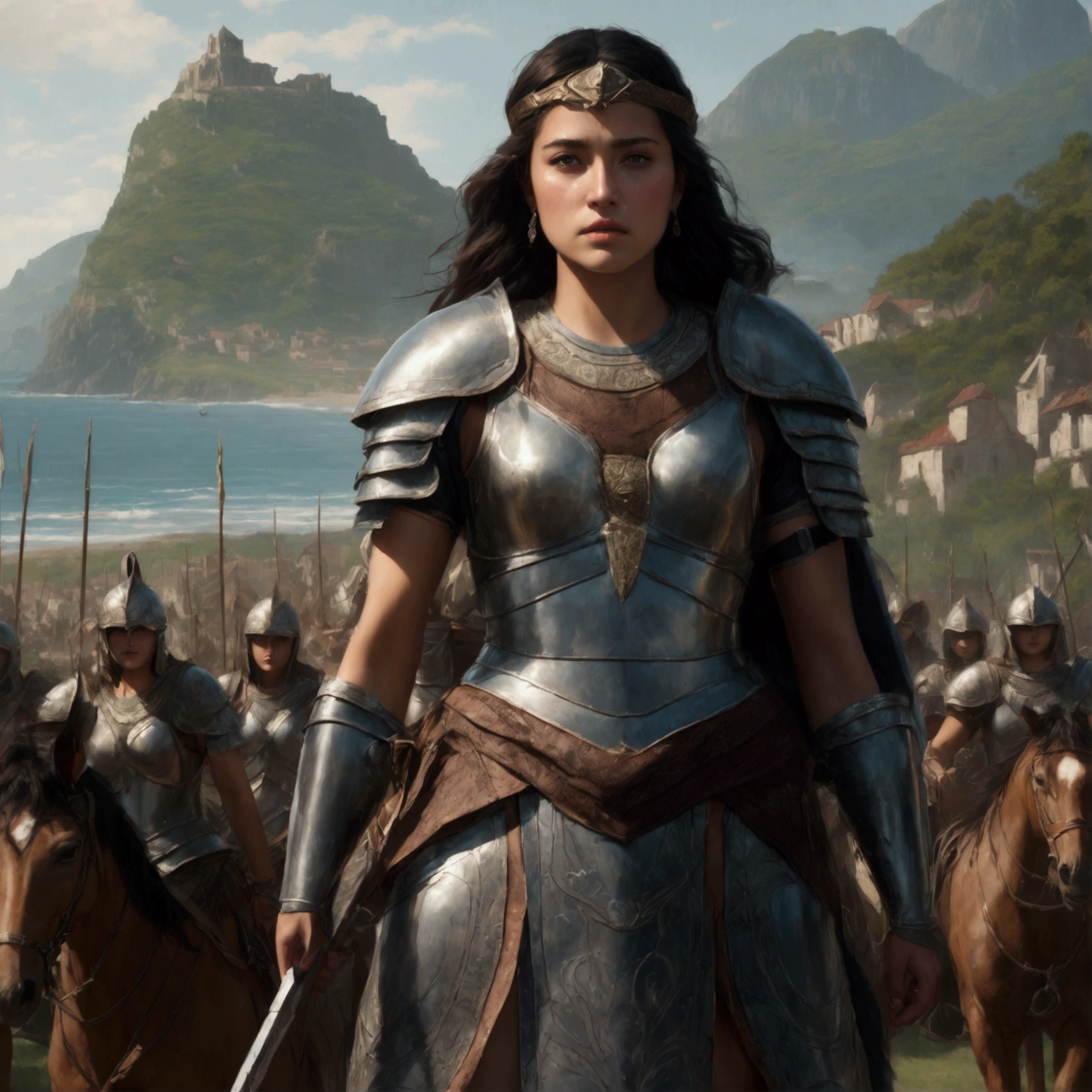 The head of the Amazons standing in full armor. Behind them are about 100 Amazons. A seaside village is visible in the background., wide shot, Ultra-Wide Angle, anatomically correct, textured skin, accurate, masterpiece, UHD, high details, high quality