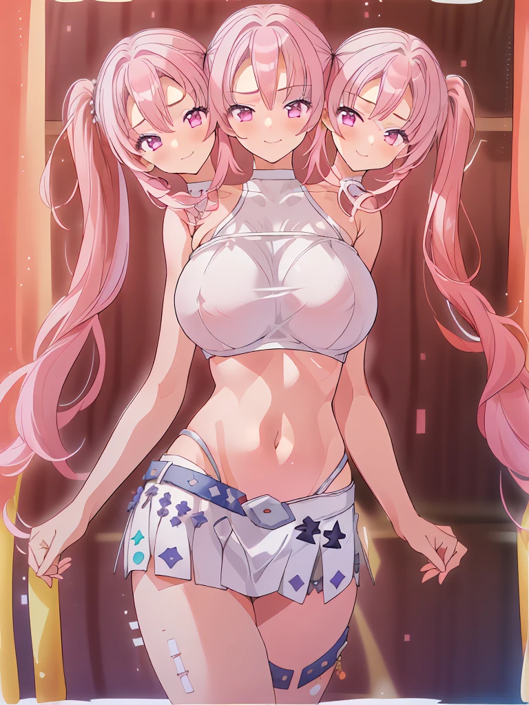 (masterpiece, best quality), best resolution, (3heads:1.5), 1girl, pink hair, twintails, smug, open belly, white crop top, white miniskirt, open breasts, huge tits,