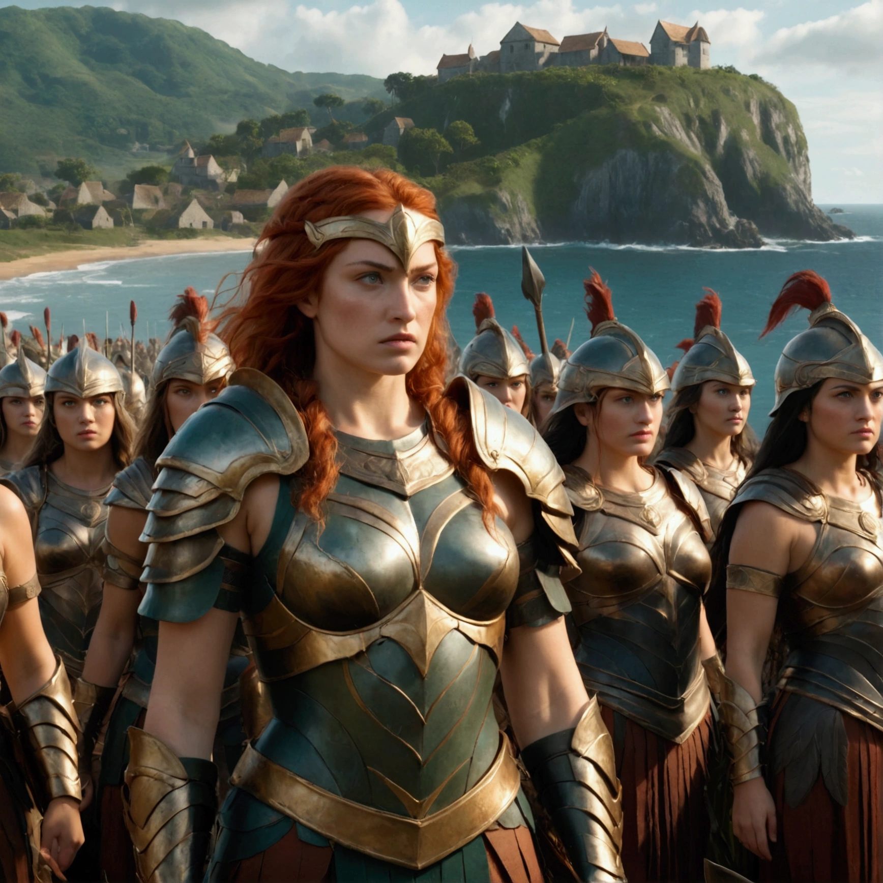 The head of the Amazons standing in full armor. Behind them are about 100 Amazons. A seaside village is visible in the background., wide shot, Ultra-Wide Angle, anatomically correct, textured skin, accurate, masterpiece, UHD, high details, high quality