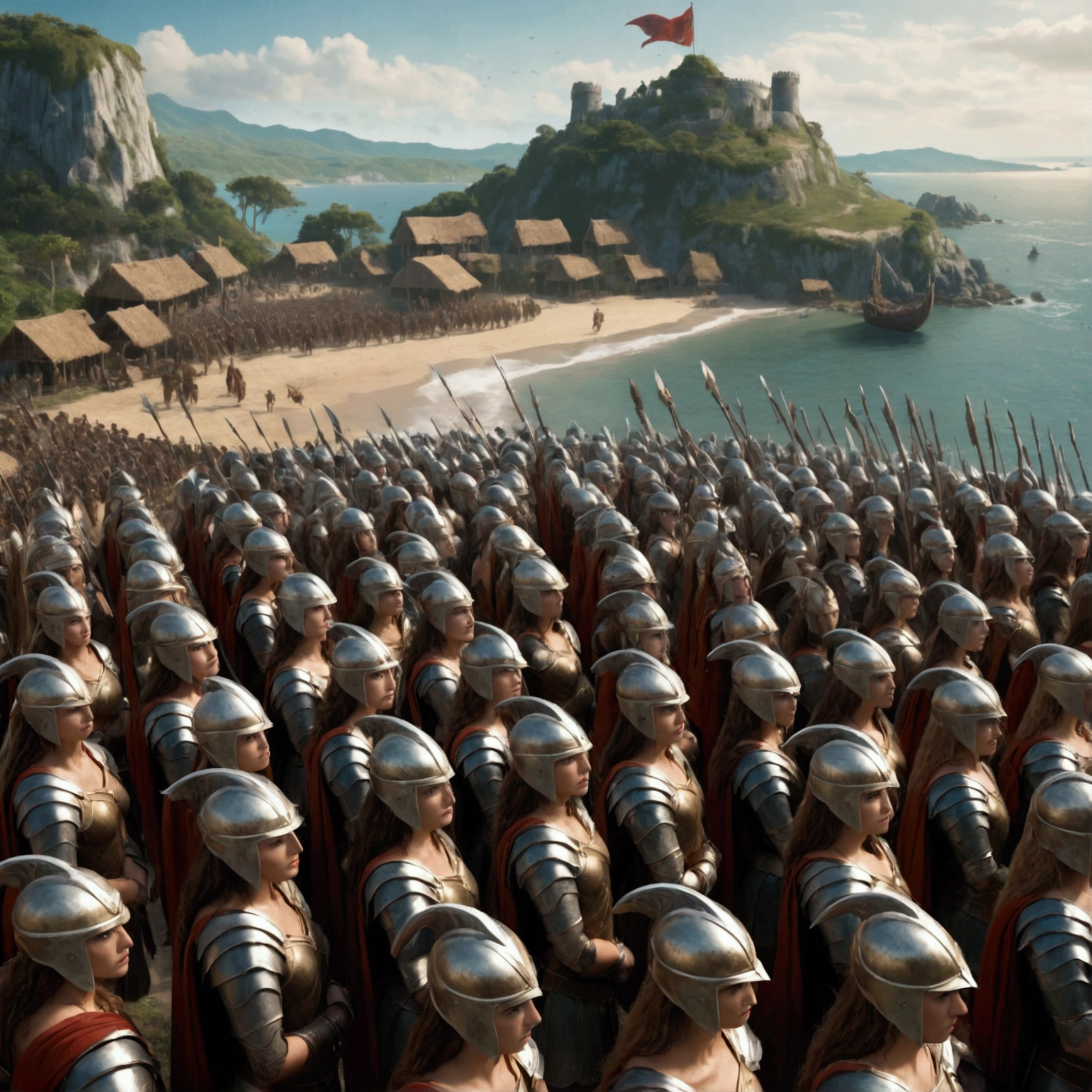 The head of the Amazons standing in full armor. Behind them are about 100 Amazons. A seaside village is visible in the background., wide shot, Ultra-Wide Angle, anatomically correct, textured skin, accurate, masterpiece, UHD, high details, high quality