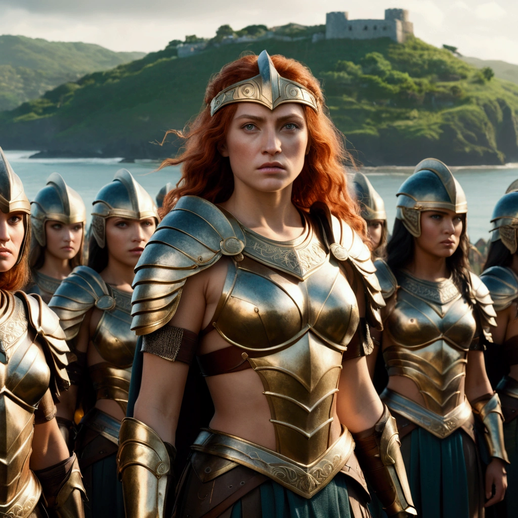 The head of the Amazons standing in full armor. Behind them are about 100 Amazons. A seaside village is visible in the background., wide shot, Ultra-Wide Angle, anatomically correct, textured skin, accurate, masterpiece, UHD, high details, high quality