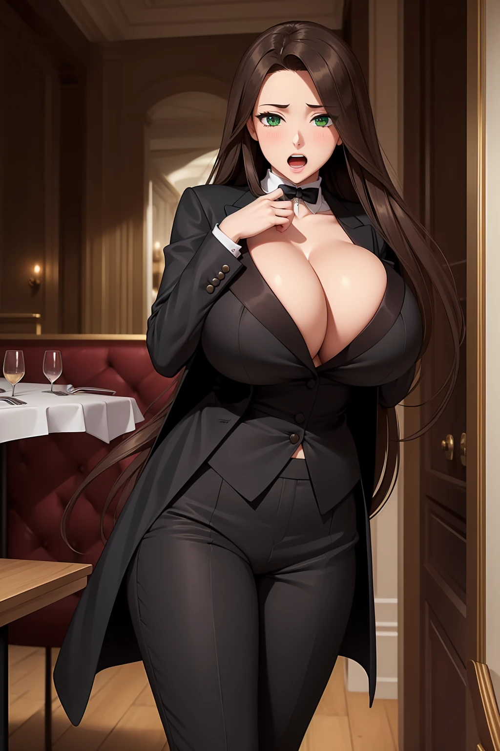 (masterpiece, best quality:1.4), illustration, 8k, hd, 1girl, solo, really_long_hair, brown_hair, butler clothes,  no underwear, black coat, green_eyes, cleavage, black trousers, butler, white butler, ((big breast, open mouth)), (restaurant, café) nude