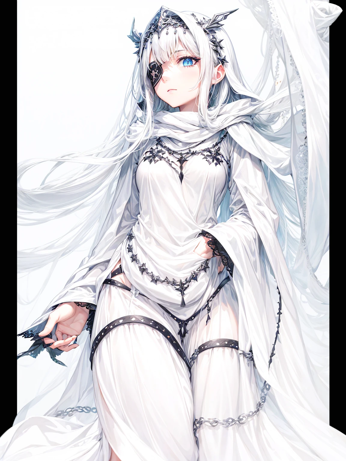 a young dark fantasy church priestess, with long black hair and white streaks, wearing an eyepatch on one eye, and her blueish green eyes, she cares a serious expression on her face and an angel like appearance, she wears elegant yet simple and modest black outfit, with some silver jewelry, she also wears a long see through veil on her head, with a faded sliver star shaped halo at the behind her head, she is holding her hands together symbolizing a prayer gesture.Long Hair, Black Hair, Blue eyes, mysterious, Hood, Halo, Anatomically Correct, Best Quality, Accurate, High Resolution, Looking at viewer, back view
