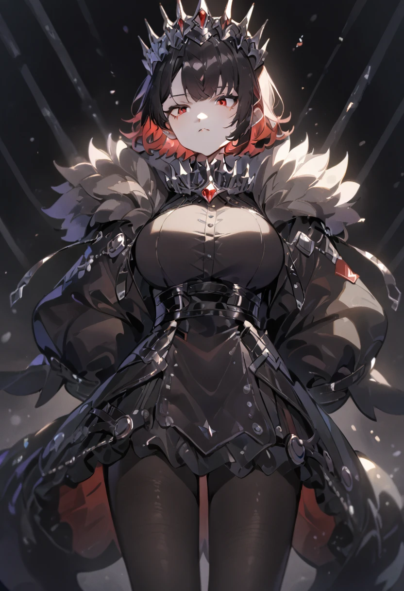 Queen，short hair，Red eyes，Big breasts，Black pantyhose，Jeweled dress，High and cold，Hands at your sides，Black shark tail