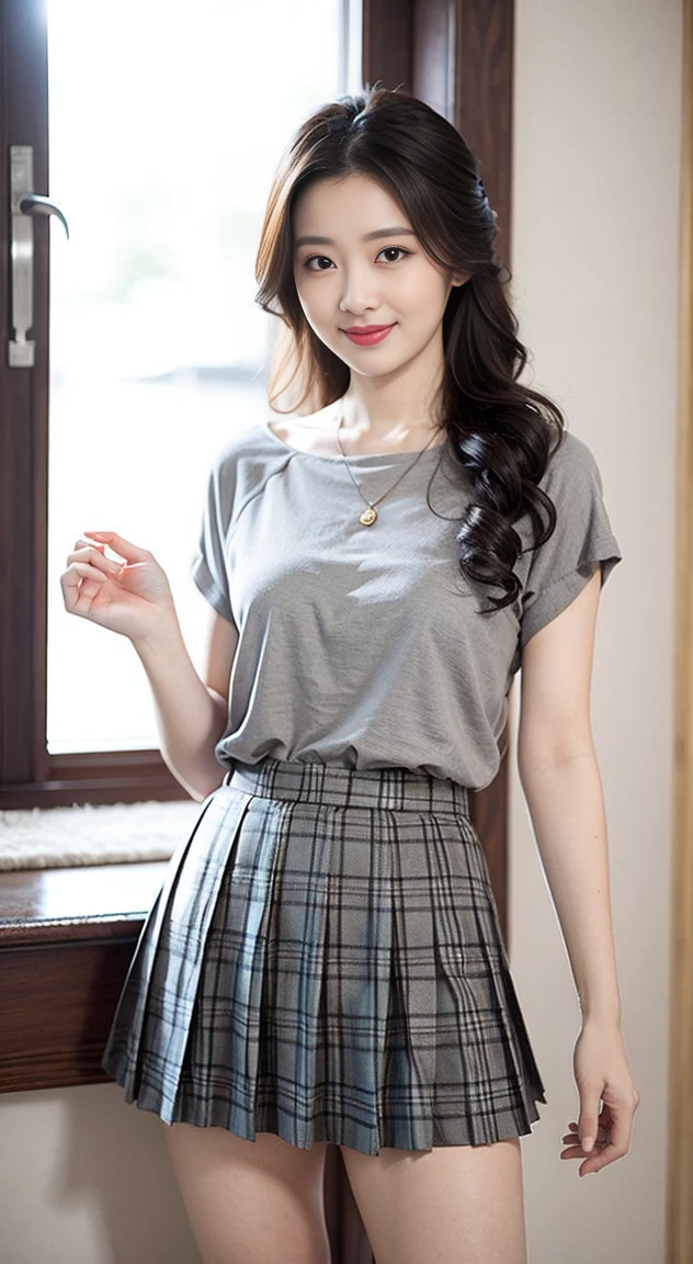 Highest quality, 1 beautiful woman, 28 years old, Oval face,Phoenix Eyes,Eyebrow, Double eyelids, Long eyelashes, A faint smile, ,s, 35mm lens, F/1, Cowboy shot, Specific Background、Tiled background、Perm、sweat ((Light grey straight dress:1.1)),((plaid short pleated skirt:1.3)), White shoes,Perfect proportion,Sexy pose, (a charming smile:1.2), Perfect proportion,Sexy pose,look、stare、Houseplant、verdant、look到whole body、window,RHA30