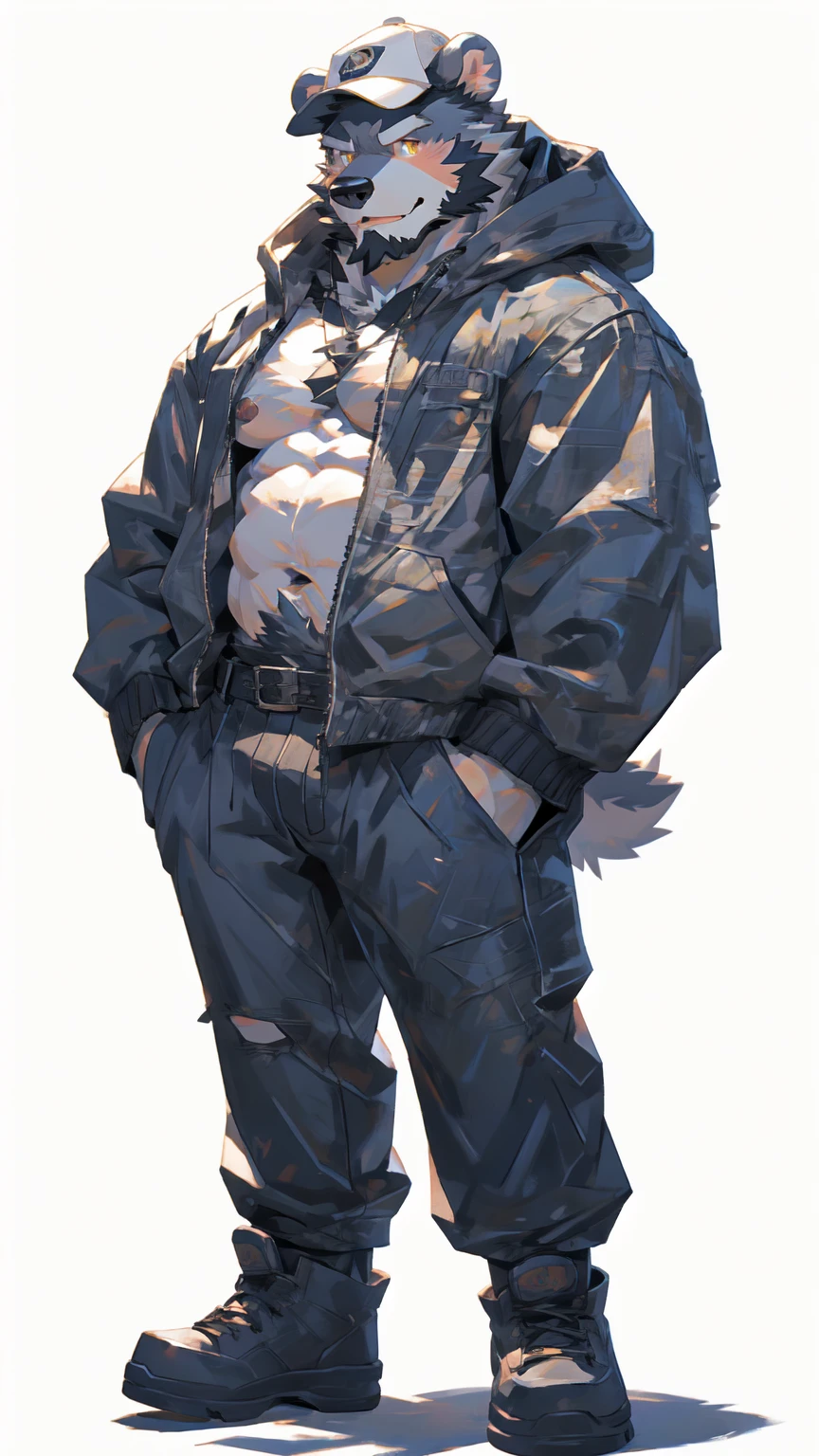 (masterpiece:1.2), best quality,pixiv,official art,perfect anatomy, (Ray tracing, light),solo, (1_male:1.3) , (muscle), (grey fur:1.4), (muscle bear), (beard:1.2), (gleaming golden eyes), bear tail, full body, Thick black eyebrows, baseball cap, (open short hoodie), (naked inside),Ripped short jeans, black short boots, (pure white background: 1.3)