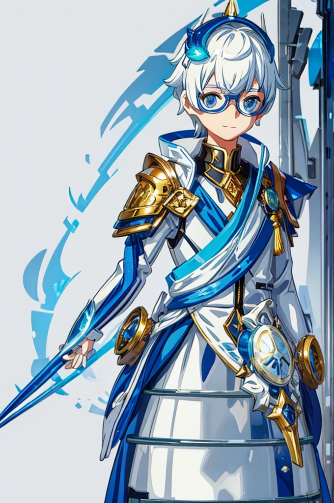 A boy with striking white hair、Golden armor、Siamese、Smile、Mechanical blue glasses and clothing、Government service staff，Center the character，Complete body，Background white