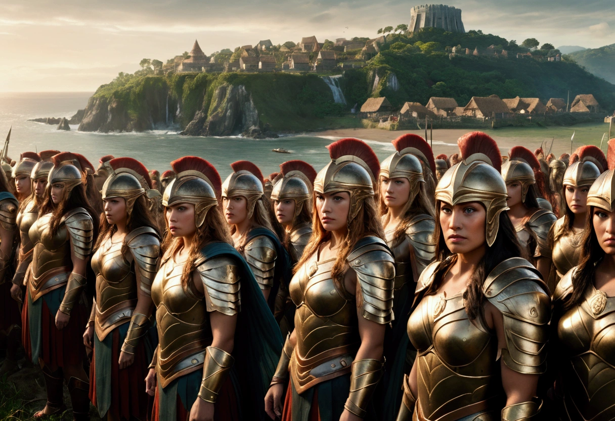 The head of the Amazons standing in full armor. Behind them are about 100 Amazons. A seaside village is visible in the background., wide shot, Ultra-Wide Angle, anatomically correct, textured skin, accurate, masterpiece, UHD, high details, high quality