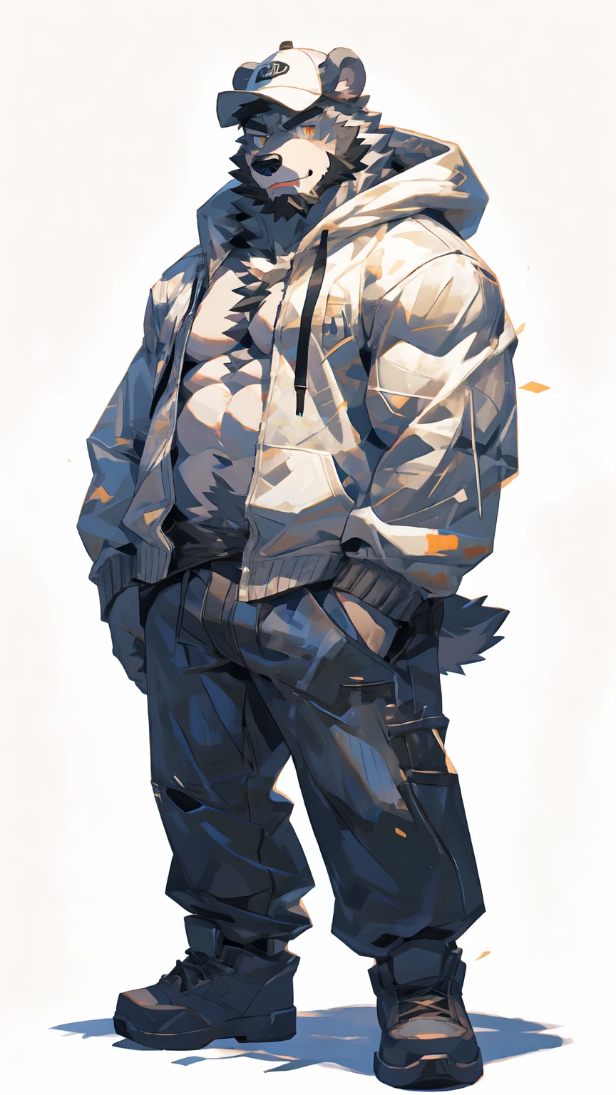 (masterpiece:1.2), best quality,pixiv,official art,perfect anatomy, (Ray tracing, light),solo, (1_male:1.3) , (muscle), (grey fur:1.4), (muscle bear), (beard:1.2), (gleaming golden eyes), bear tail, full body, Thick black eyebrows, baseball cap, (open short hoodie), (naked inside),Ripped short jeans, black short boots, (pure white background: 1.3)