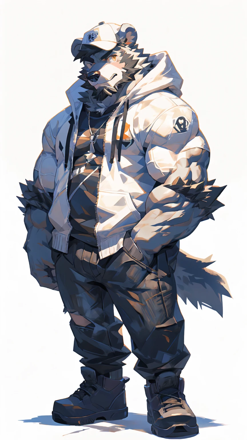(masterpiece:1.2), best quality,pixiv,official art,perfect anatomy, (Ray tracing, light),solo, (1_male:1.3) , (muscle), (grey fur:1.4), (muscle bear), (beard:1.2), (gleaming golden eyes), bear tail, full body, Thick black eyebrows, baseball cap, (open short hoodie), (naked inside),Ripped short jeans, black short boots, (pure white background: 1.3)