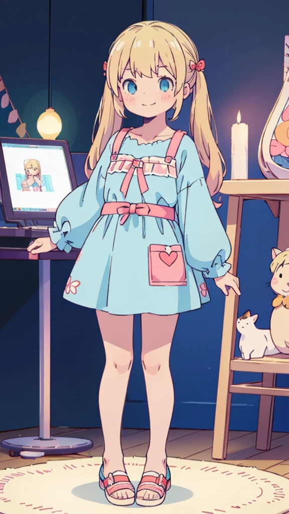 ((masterpiece))((Highest quality))girl、smile、blush、Flat Chest、Are thin、Blonde Hair、blush、Are standing、Whole body image、Eye level to the feet、front、No background、真frontのアングル、Blue clothes、Two-tone red and blue hair、Twin tails、Red Alice outfit