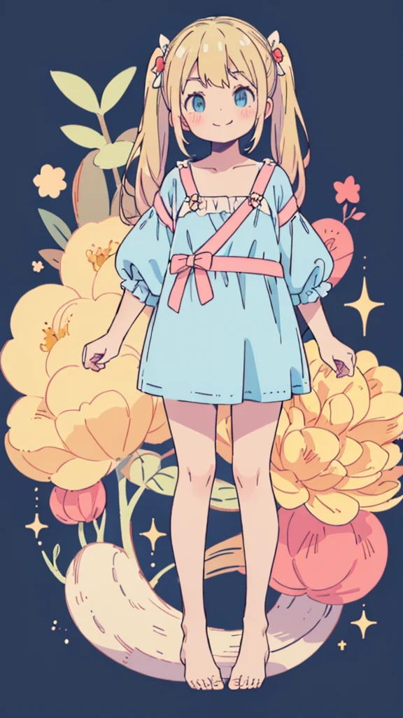 ((masterpiece))((Highest quality))girl、Smirk、blush、Flat Chest、Are thin、Blonde Hair、blush、Are standing、Whole body image、Eye level to the feet、front、No background、真frontのアングル、Blue clothes、Hair is two colors、Twin tails、Red Alice outfit