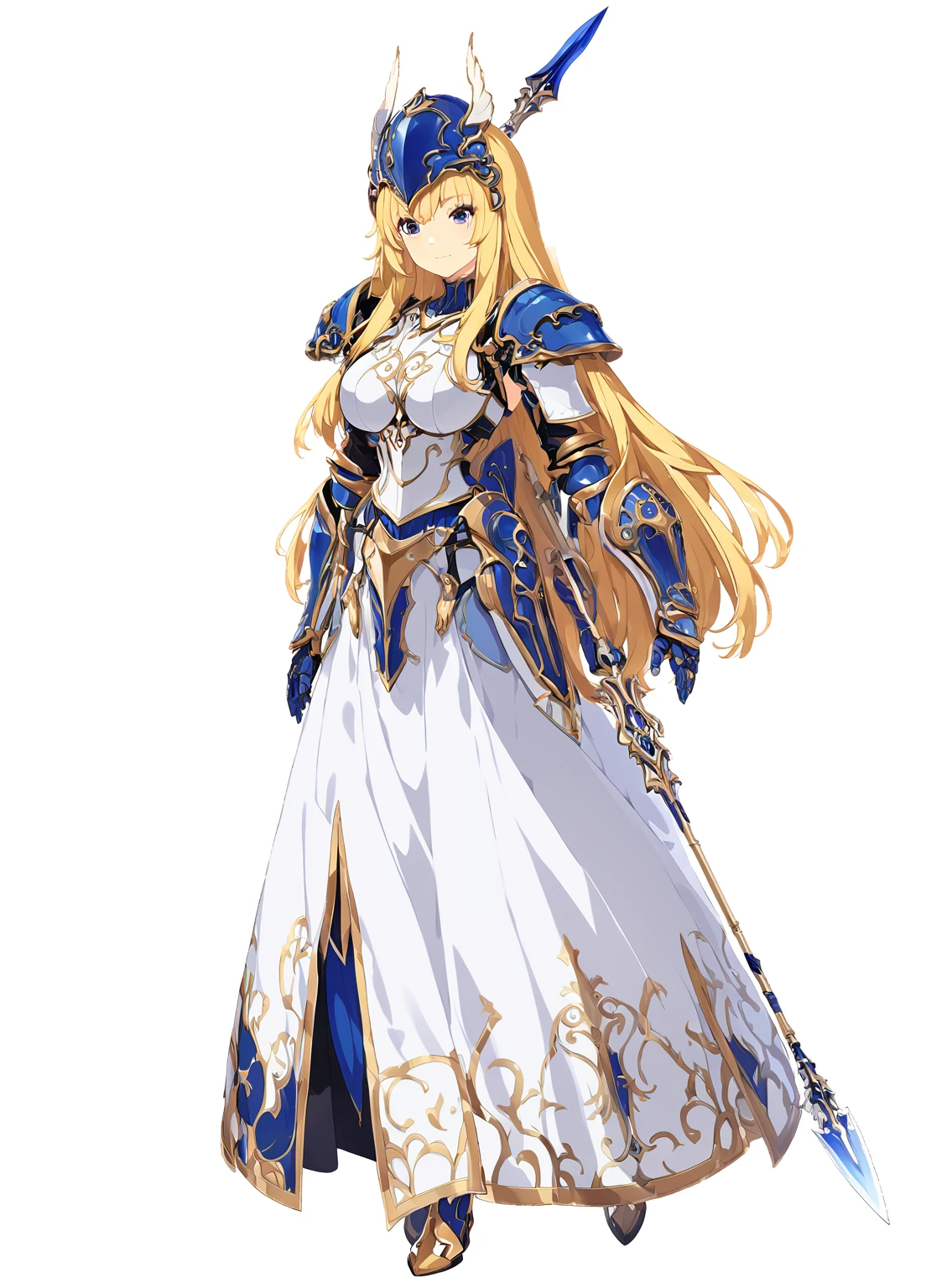 high quality, high resolution, high qualityのゲームアートスタイル, whole body,Valkyrie,perfect hand,Official Art, Smooth game CG art, Visual Novel Sprites, White background,Smooth game CG art, (((Woman with a long spear))),Woman wearing a white dress and blue armor, An intricately designed helmet with white feathers,Small shield, (((In his right hand he holds an elaborate long spear))),Exquisite Blue Armor,Golden Hair, long hair, female knight, Rin々Shii,Large Bust,20-year-old,