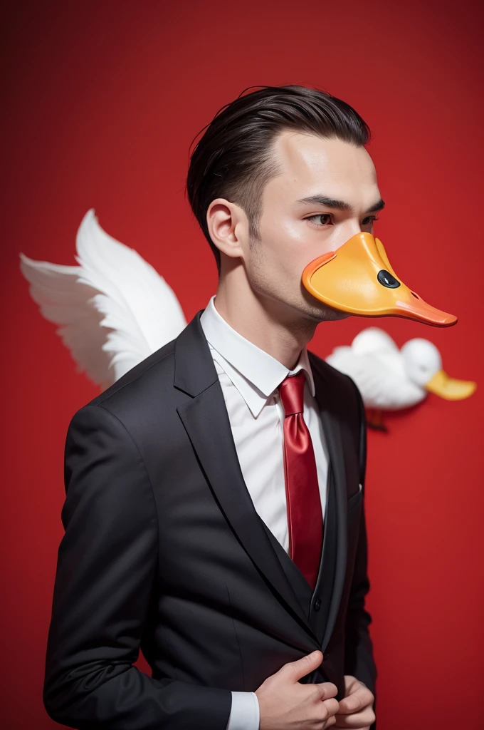 Duck head with suit and red background