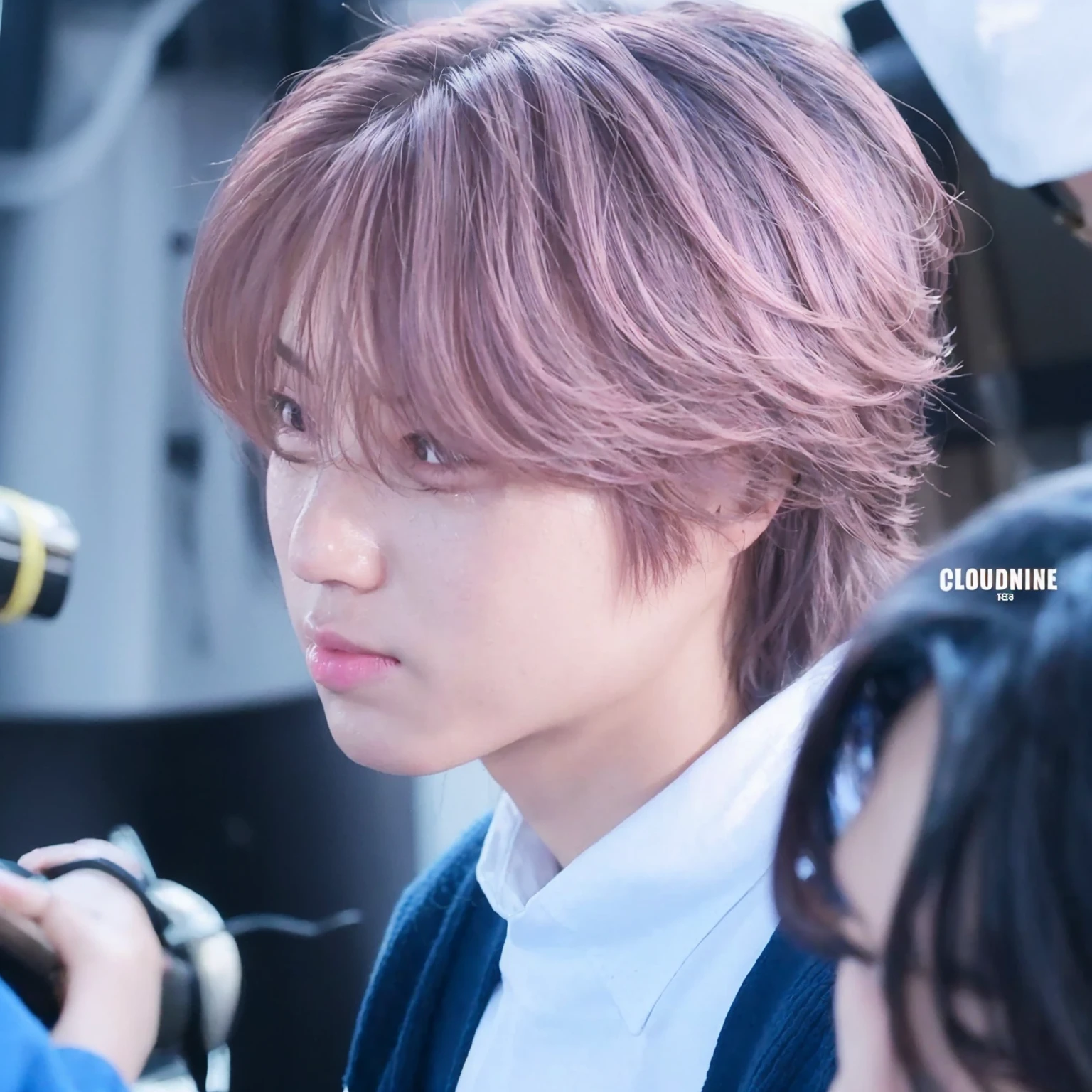 arafed male in a blue sweater and white shirt and a camera, a picture by Kanbun Master, tumblr, digital art, jimin, pink haired yoongi, jimin\'s plump lips, jimin\'s right eyelid swollen, jung jaehyun, jimin\'s grecian nose, kim doyoung, captured on canon eos r 6, park jimin, pink hair