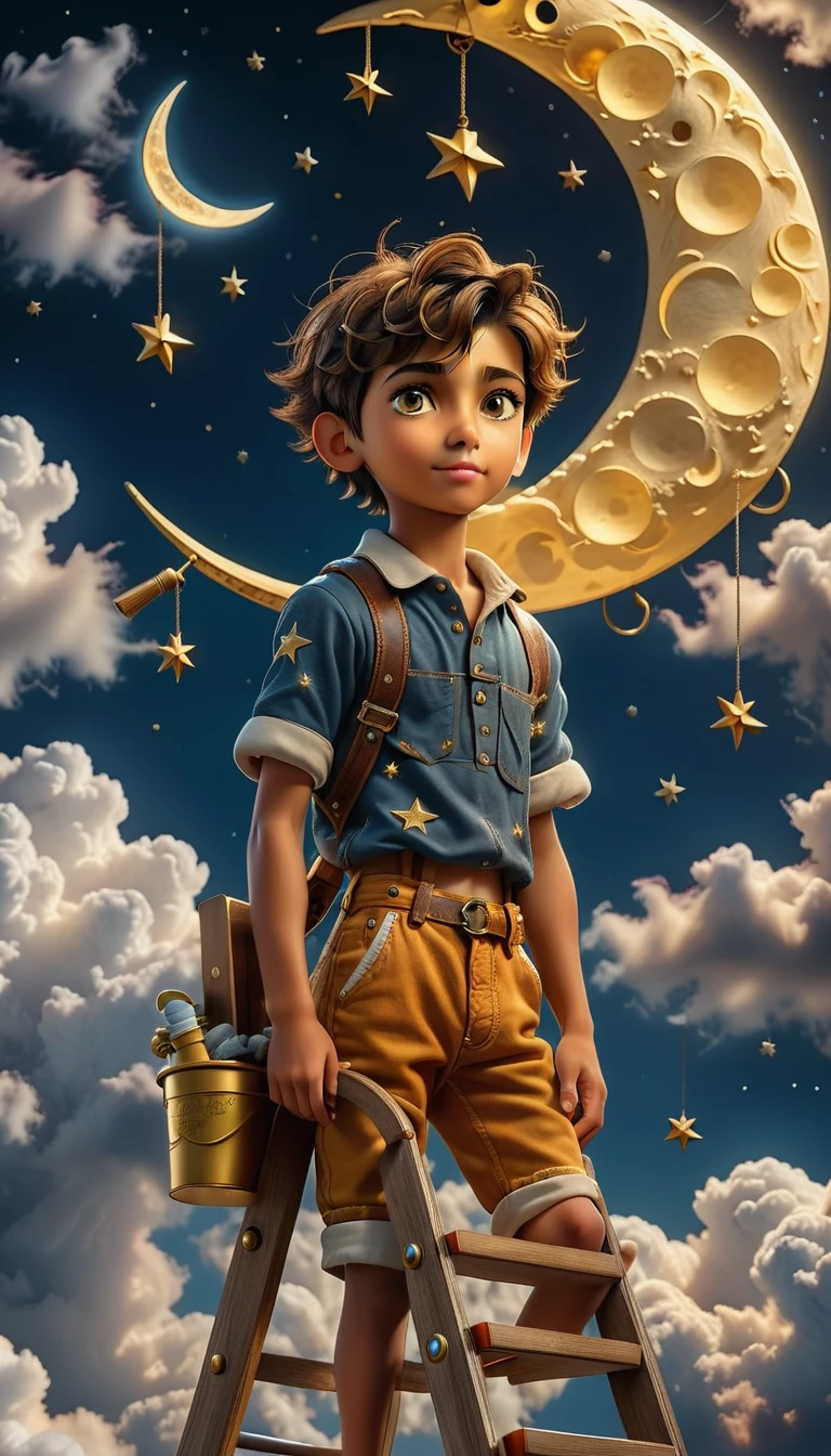 score_9, score_8_up, score_7_, photograph, analog style, real life, extremely beautiful, (highly detailed, intricately detailed), masterpiece, 8k, HDR, best quality, (highly detailed skin), (alluring eyes), (a boy standing on a ladder, cleaning a crescent moon, clouds and stars), dappled lighting, (backlighting:0.7), film grain, photographed on a Sony A7R IV, 18mm F/1.7 cine lens