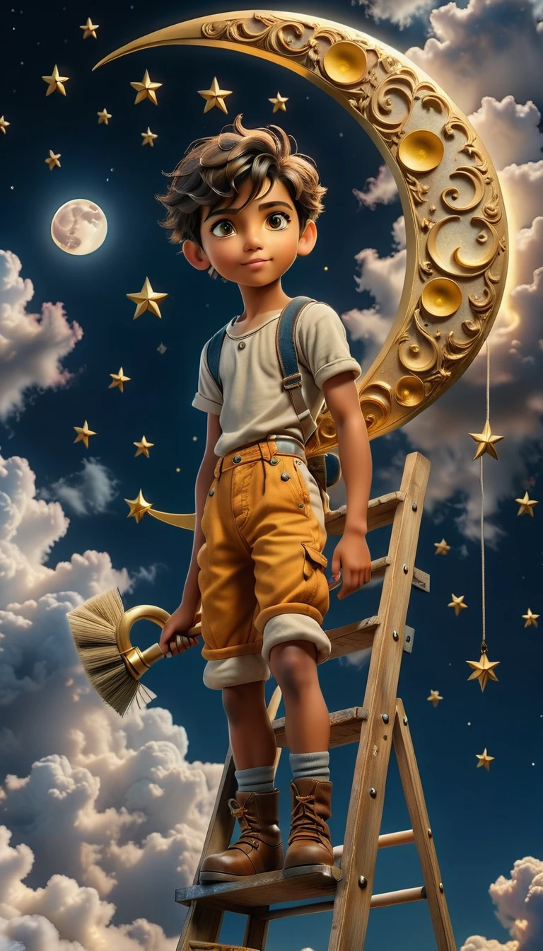 score_9, score_8_up, score_7_, photograph, analog style, real life, extremely beautiful, (highly detailed, intricately detailed), masterpiece, 8k, HDR, best quality, (highly detailed skin), (alluring eyes), (a boy standing on a ladder, cleaning a crescent moon, clouds and stars), dappled lighting, (backlighting:0.7), film grain, photographed on a Sony A7R IV, 18mm F/1.7 cine lens