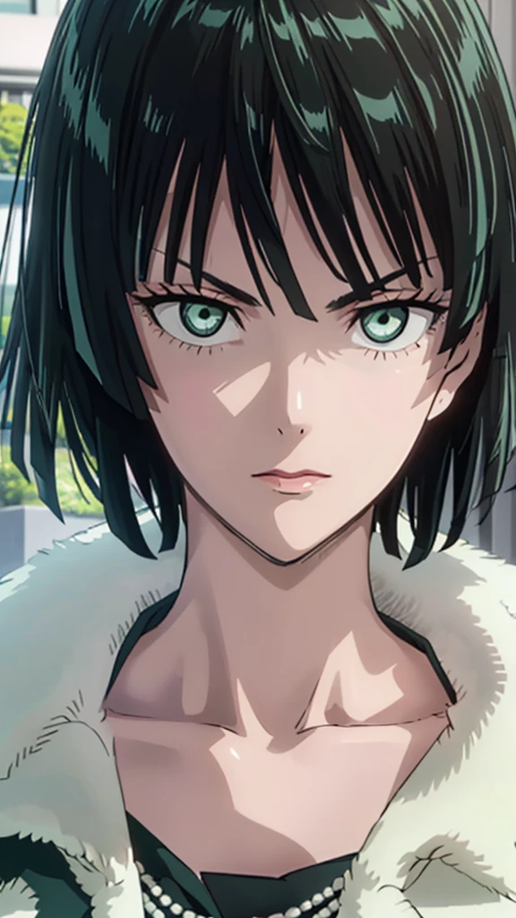 (((pixel-perfect, detail-perfect))), solo, 1girl, fubuki, fur coat, collared dress, collarbone, necklace, looking at viewer, closed mouth