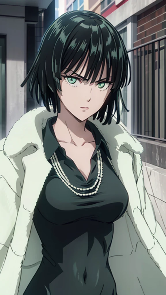 (((pixel-perfect, detail-perfect))), solo, 1girl, fubuki, fur coat, collared dress, collarbone, necklace, looking at viewer, closed mouth