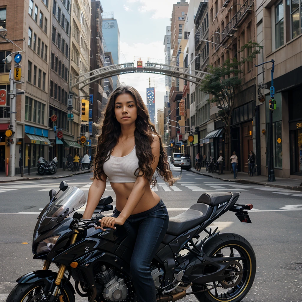 Beautiful brown woman, riding a Suzuki gsx-1000 motorcycle, wavy hair loose in the wind, New York city street background.