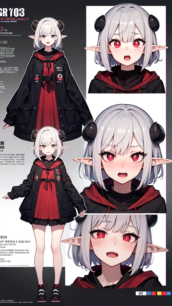 anime girl, grey hair, long hair, short hair, straight hair, bob cut, dilated pupils, devil pupils, open mouth, embarrassed, blush, tongue out, expressionless, naughty face, naughty, yandere, fang, rape face, anime, Conceptual art, high detail, anime style, reference sheet, from side, from below, from behind, from above, UHD, masterpiece, anatomically correct, super detail, high details, high quality, best quality, highres, 8k, caracter design, art concep, medical jacket, vampire, elf ear, front view, show fangs, pale skin, cool outfit, cute, adorable, full body 