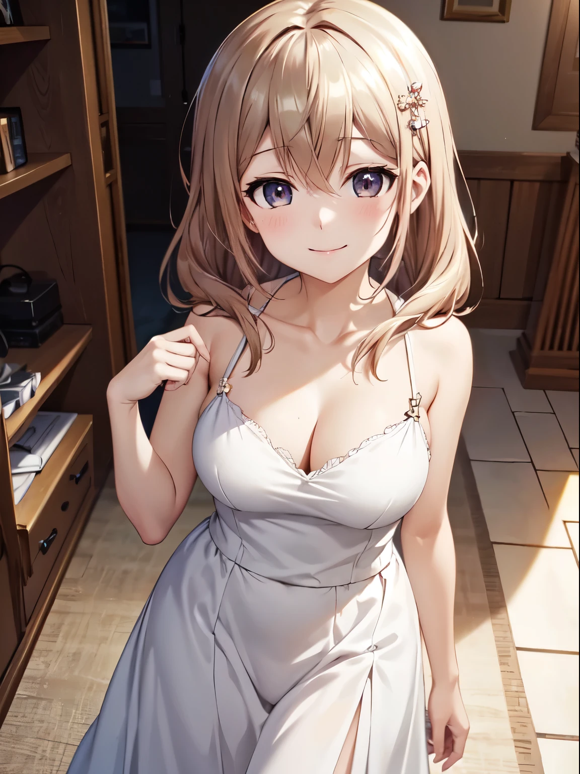 Highest quality, High resolution, 4K、８K、smile、Anatomically correct、Shiori Katase,、Standing、Absolute reference to center、sexy、hair ornaments ,smile、Closed Mouth、White long skirt、Absolute reference to the center、Cute no matter who looks at it、clavicle,Extremely detailed CG、High resolution、超High resolution, Perfect lighting, Extremely detailed CG、Physically Based Rendering、Captivating beauty