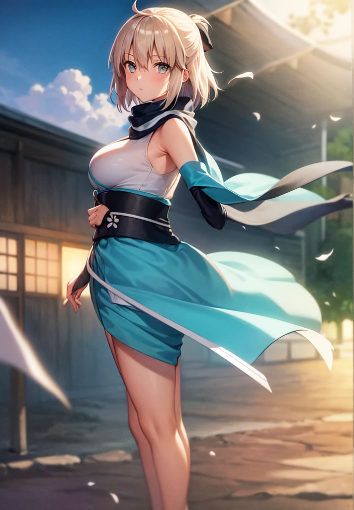 Best Quality, 1 girl, alone, okita_souji, white kimono, scarf, cowboy photography, outdoor, bare shoulders, bare shoulders, sleeveless, looking at the viewer,