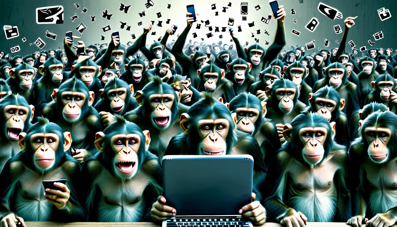 Create an illustration depicting a swarm of monkeys using social media to cyberbully. Draw a group of monkeys with smart phones, tablets, or smartphones typing furiously or posting negative comments. Some of the monkeys should have angry or malicious expressions, while others should be laughing or looking happy. The background should be a chaotic mix of digital screens displaying harmful messages and symbols of social media platforms. The overall atmosphere should convey the destructive and overwhelming nature of online harassment.