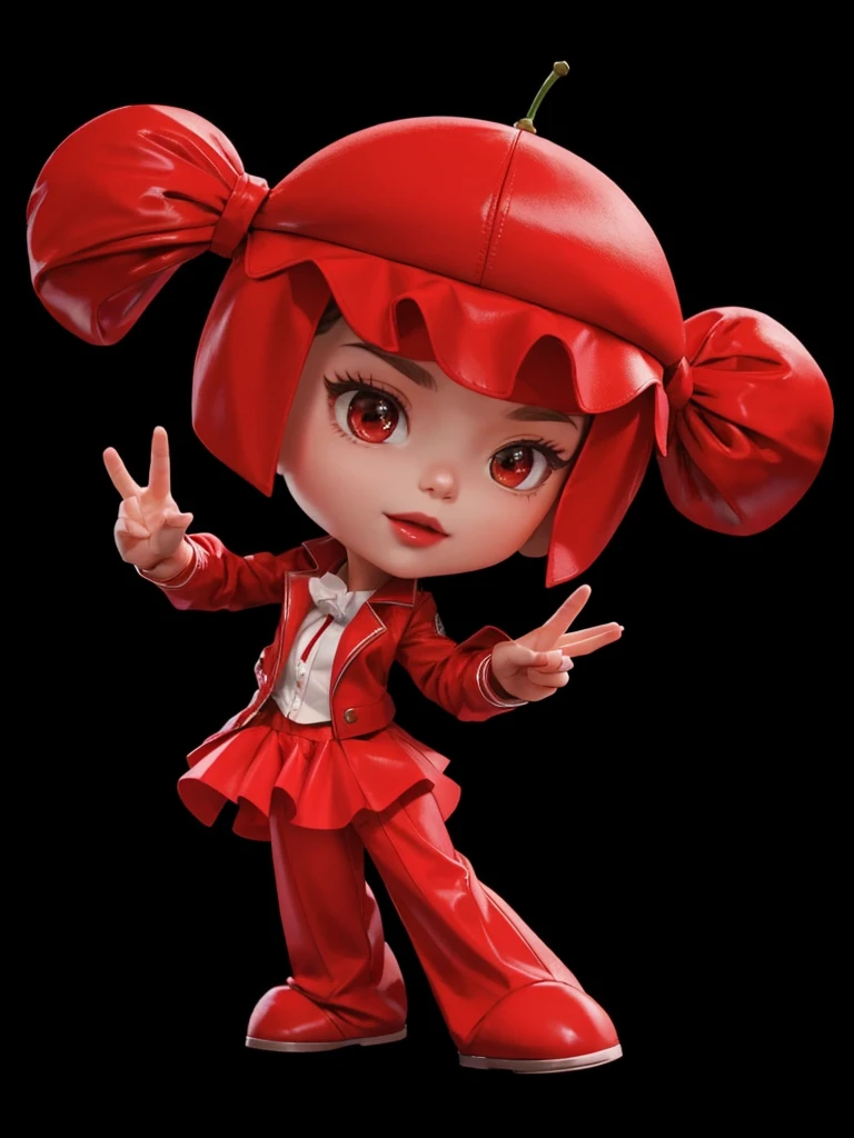 A , with red jacket, with red skirt, with red pants, with tied red hair, with cherry shaped hat on head