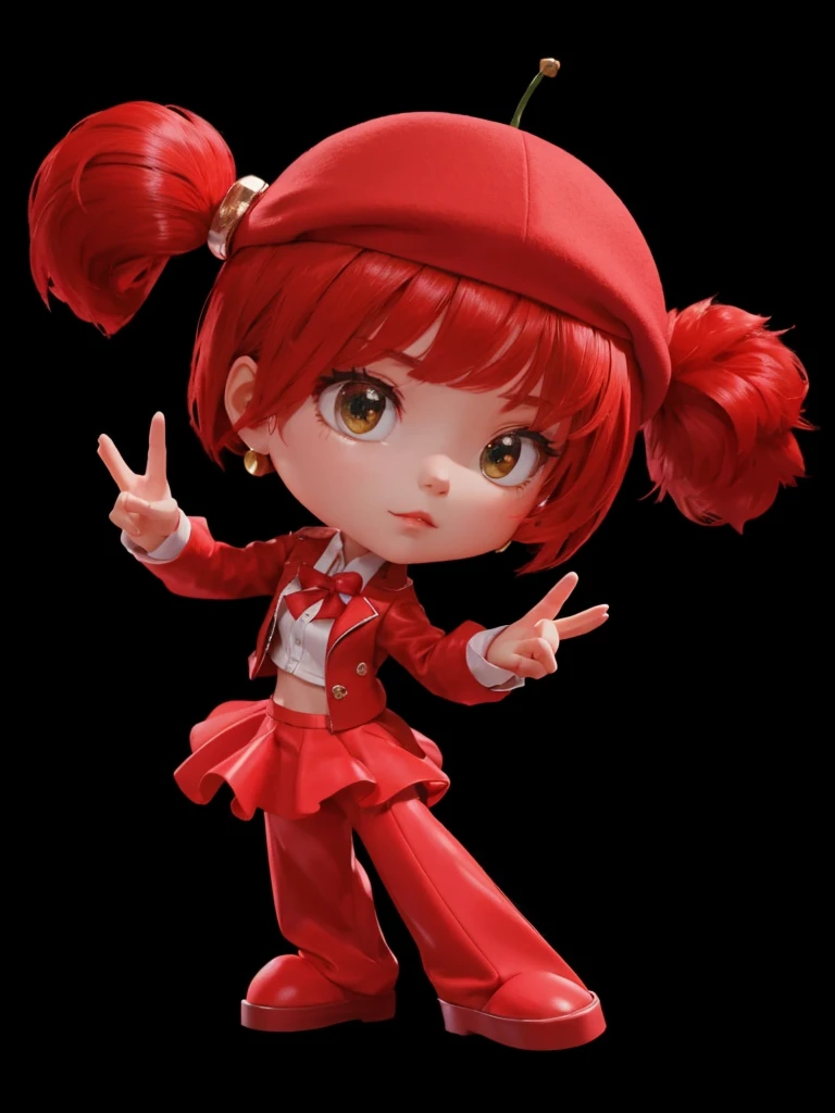 A , with red jacket, with red skirt, with red pants, with tied red hair, with cherry shaped hat on head 