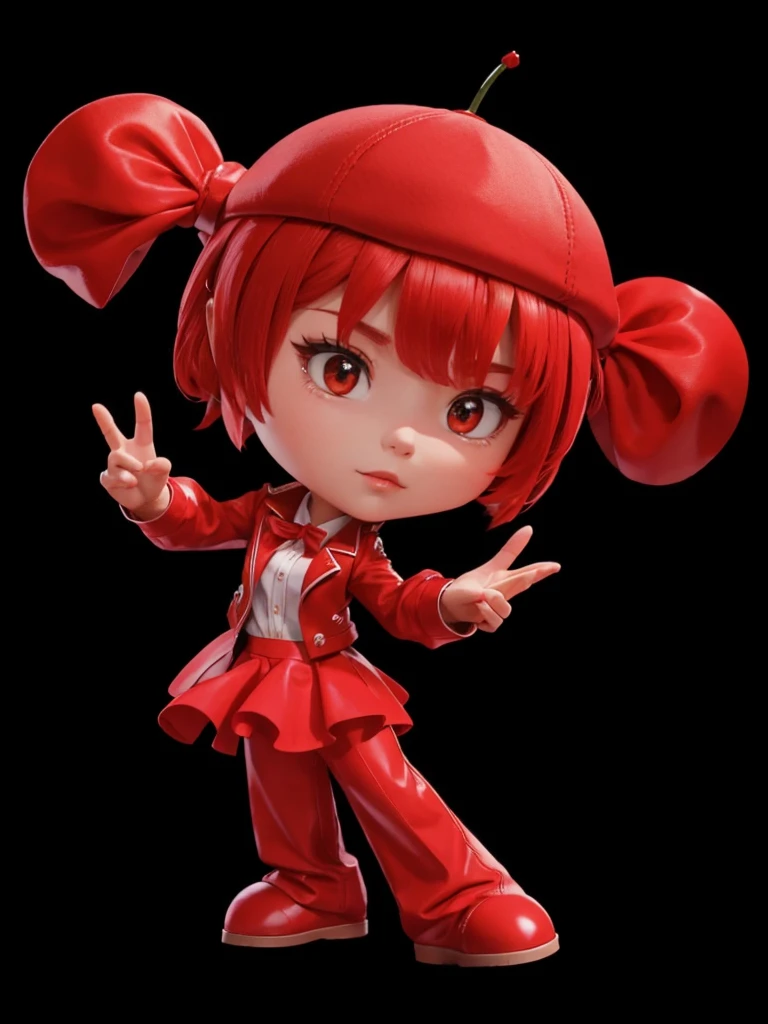 A , with red jacket, with red skirt, with red pants, with tied red hair, with cherry shaped hat on head