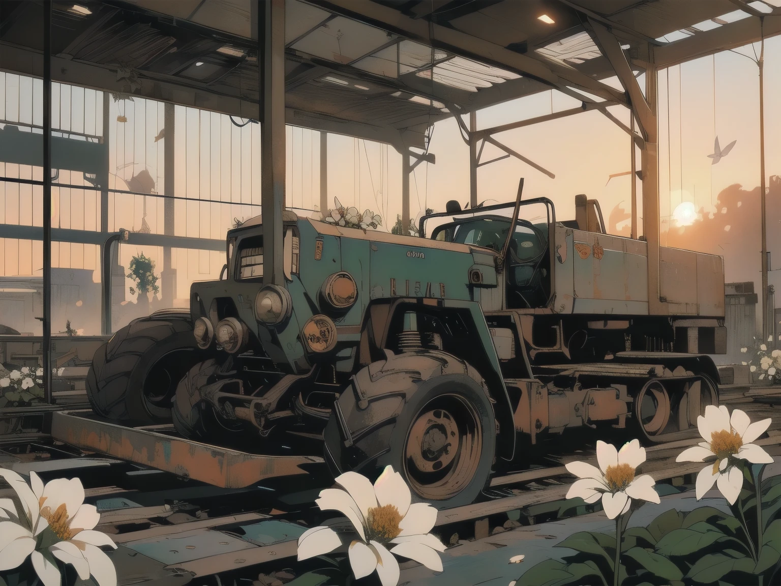 Detailed Machinery、Abandoned Factory、Atrium、(((White Flower Field)))、(((Rusty heavy equipment)))、Gorgeous light leaks、(((Sunset)))、fog、Detailed Background、Highest quality、(((No humans)))、Broken heavy machinery、Complex heavy machinery、Faint lighting、(((Fluttering white petals)))、sunset、(((Dull colors)))、(((Rusty detailed heavy machinery)))、(((Many white flowers fly)))、(((Heavy machinery covered in flowers)))、(((Lots of butterflies)))、(((Abandoned Garage)))