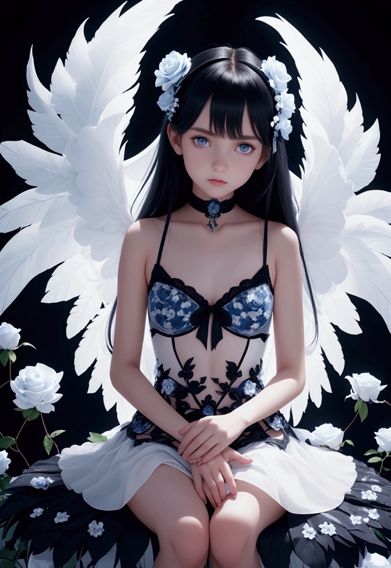 portrait of a girl standing in the flowers, dark blue and white rose, white eyes, black long hair, Ukraine girl, white tone color, realistic, close shot, skinny, round breasts, narrow pelvis, athletic body, cute girl, 10 years old, child's body, with black feather wings, long slim legs, silk dress, sit down