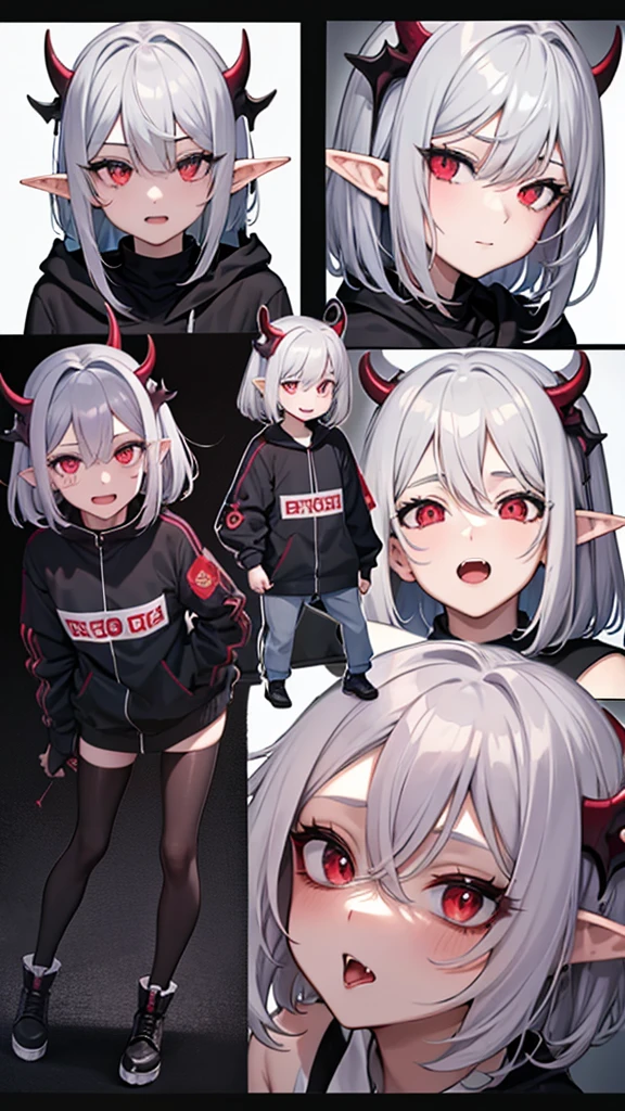 anime girl, grey hair, long hair, short hair, straight hair, bob cut, dilated pupils, devil pupils, open mouth, embarrassed, blush, tongue out, expressionless, naughty face, naughty, yandere, fang, rape face, anime, Conceptual art, high detail, anime style, reference sheet, from side, from below, from behind, from above, UHD, masterpiece, anatomically correct, super detail, high details, high quality, best quality, highres, 8k, caracter design, art concep, medical jacket, vampire, elf ear, front view, show fangs, pale skin, cool outfit, cute, adorable, full body