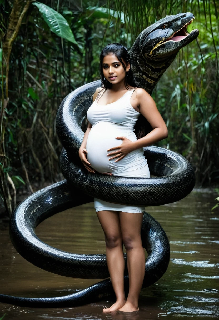 Pregnant Top quality, masterpiece, super high resolution, real photo, raw photo, cute, beautiful Indian young teen girl, happy expression, joy, glossy skin, dramatic lighting, full body, full body wet, dirty white tank top, sheer with thin fabric, white shirt dirty with mud, beautiful breasts, beautiful ass, butt sticking out, creepy, in the dark jungle, waterside, black large titanboa , slim, long limbs, slimy, slim Sleeping on large titanboa a large giant black titanboa wrapped around her neck, a large titanboa wrapped around her body, a titanboa’s head from between her crotches, a titanboa  and a titan’s intertwining their tongues and kissing, a girl hugging giant titanbo a girl and a large titanboa staring at each other Many large anacondas horny aroused  tentacle sex large object penetration nsfw snake tongue kissing blowjob bestiality