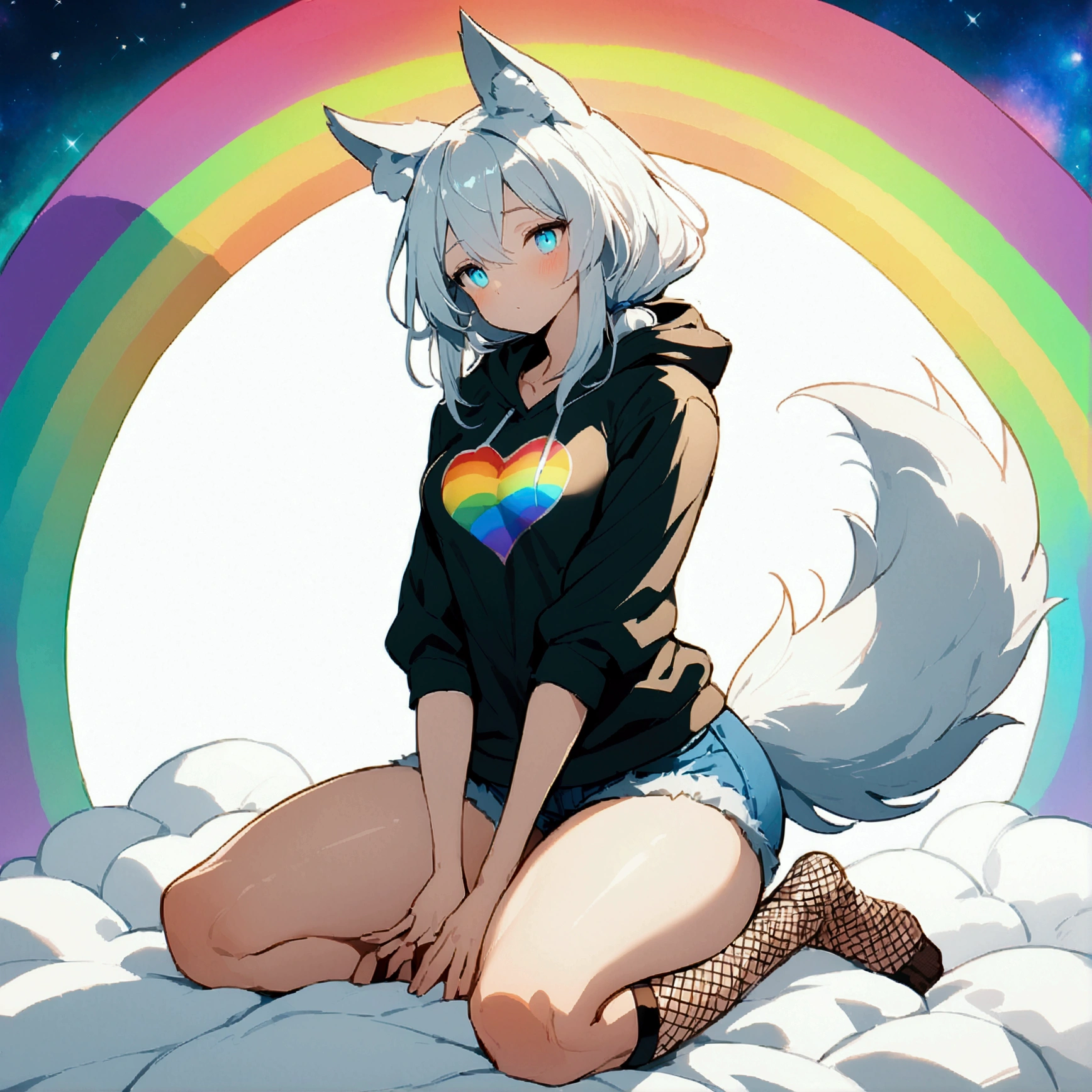 a cute adult male with wolf ears, long white hair, long locks, has a wolf tail, wearing a loose cropped black hoodie, wearing a pair of denim short shorts and fishnet stockings, thick thighs, wide hips, relaxing on mound of fluffy multi colored plushies, short, very slim, showing slender tummy, heart on hoodie, squishy thighs, has glowing blue eyes. alone, solo (ALONE)(SOLO), surrounded by rainbows, colorful galaxy backround, on knees stretching out