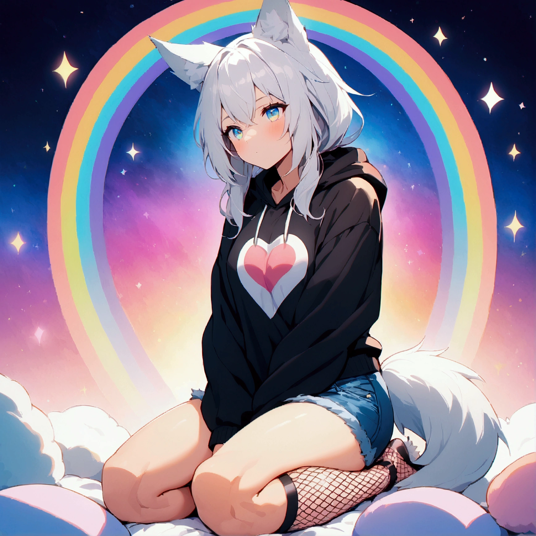 a cute adult male with wolf ears, long white hair, long locks, has a wolf tail, wearing a loose cropped black hoodie, wearing a pair of denim short shorts and fishnet stockings, thick thighs, wide hips, relaxing on mound of fluffy multi colored plushies, short, very slim, showing slender tummy, heart on hoodie, squishy thighs, has glowing blue eyes. alone, solo (ALONE)(SOLO), surrounded by rainbows, colorful galaxy backround, on knees stretching out